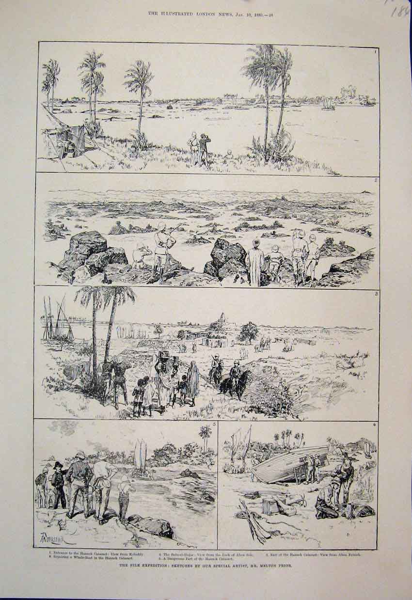 Original Old Antique Print 1885 Nile Sketches Entrance Exit Hannock Cataract
