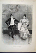 Original Old Antique Print 1892 Romance Between Lady With Fan Suitor Victorian