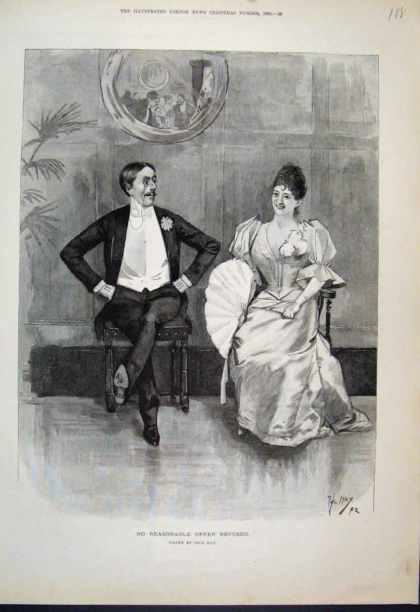 Original Old Antique Print 1892 Romance Between Lady With Fan Suitor Victorian