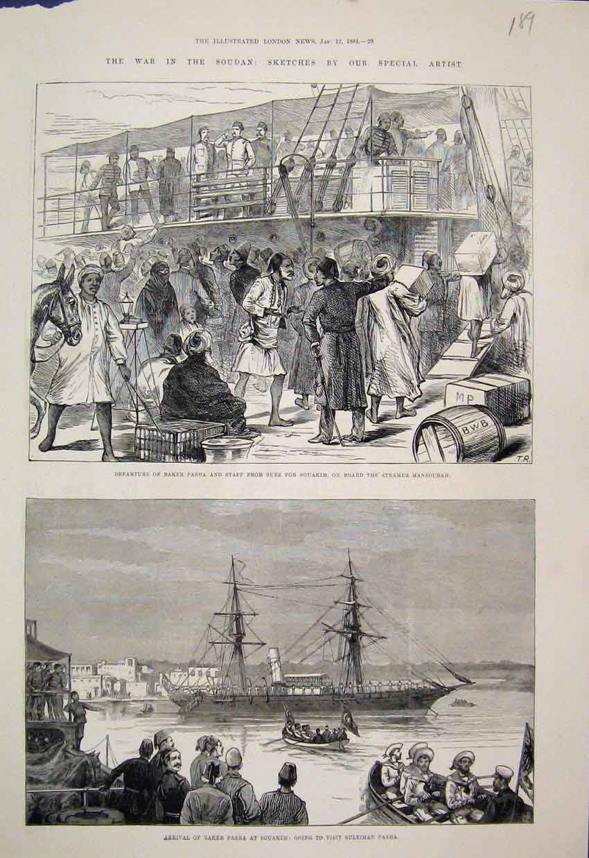 Original Old Antique Print 1884 Soudan Baker Pasha Steamer Mansourah Arrival