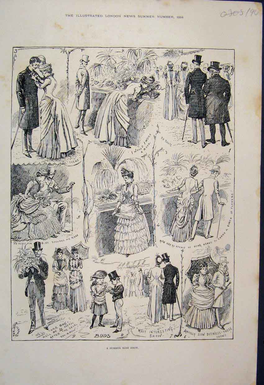 Original Old Antique Print 1884 Summer Rose Show Sketches Fine Day Out Victorian