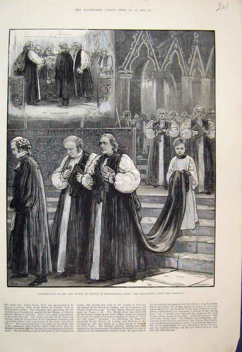 Original Old Antique Print 1884 Consecration New Bishop Sydney Westminster 19th