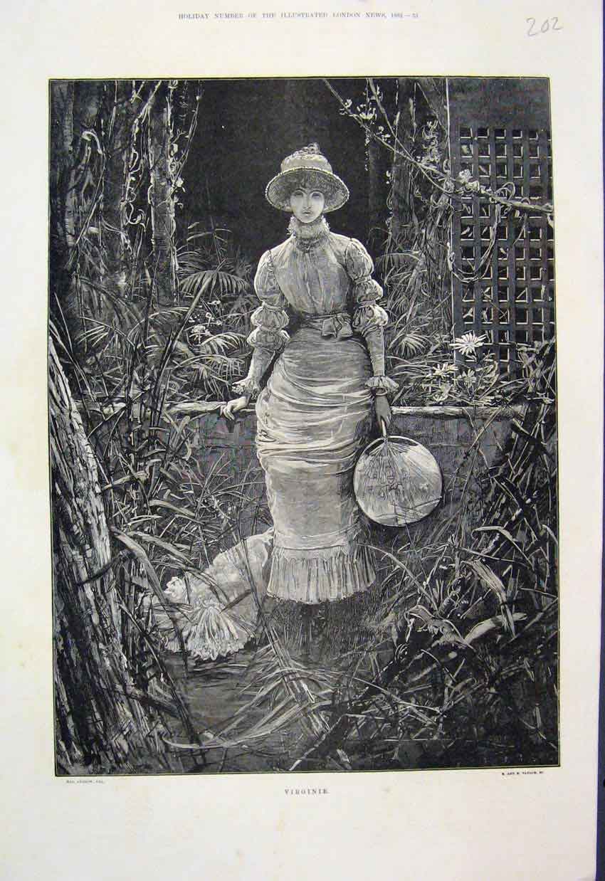 Original Old Antique Print 1882 Virginie Lady Fan Sitting Bamboo Fine Art 19th