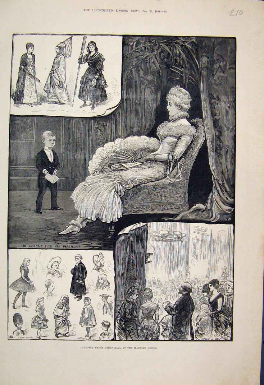 Original Old Antique Print 1884 Juvenile Fancy Dress Ball Mansion House Sketches