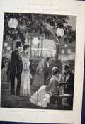 Original Old Antique Print 1884 Health Exhibition Evening Garden Fete Victorian