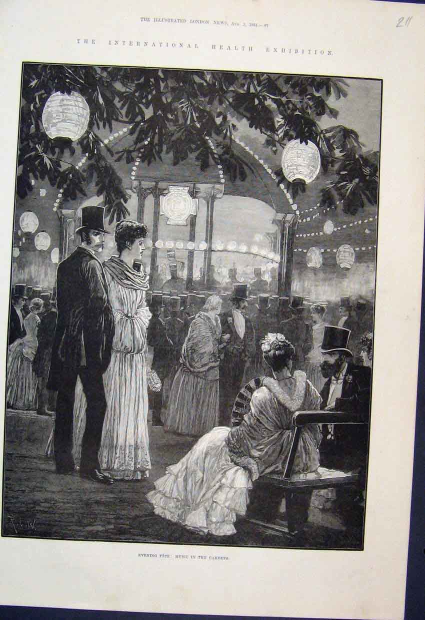Original Old Antique Print 1884 Health Exhibition Evening Garden Fete Victorian