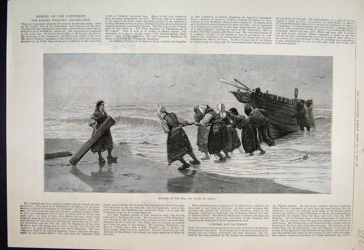 Original Old Antique Print 1888 Toilers Sea Women Fishing Boats 19th