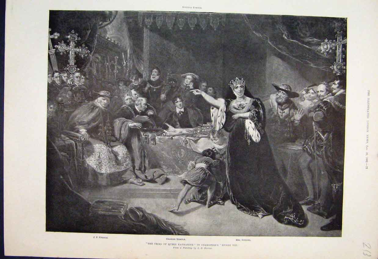 Original Old Antique Print 1892 Shaksperes Henry Viii Queen Katherine Trial 19th