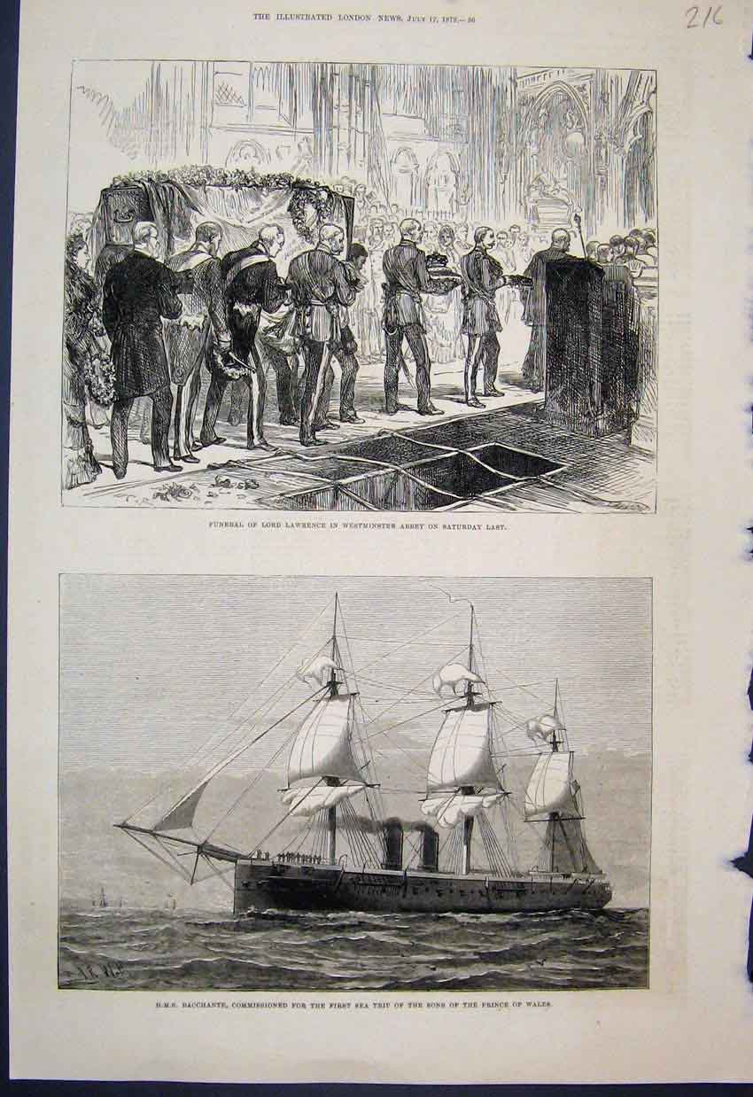 Original Old Antique Print 1879 Funeral Lord Lawrence Hms Bacchante Princes Trip