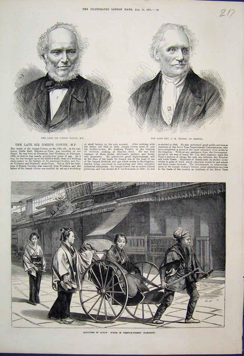 Original Old Antique Print 1874 Joseph Cowan Japanese Rickshaw Nagasaki 19th