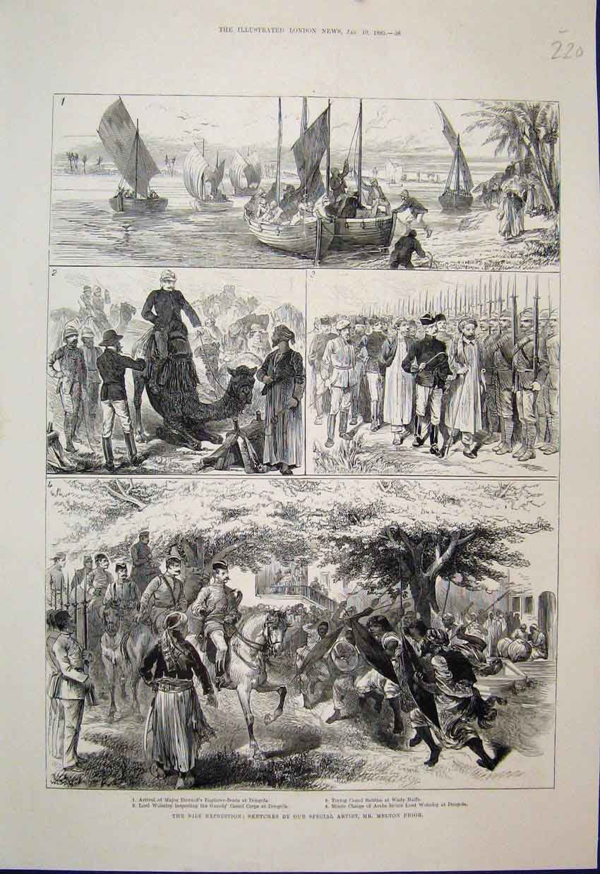 Original Old Antique Print 1885 Nile Major Doward Lord Wolsley Camels Victorian