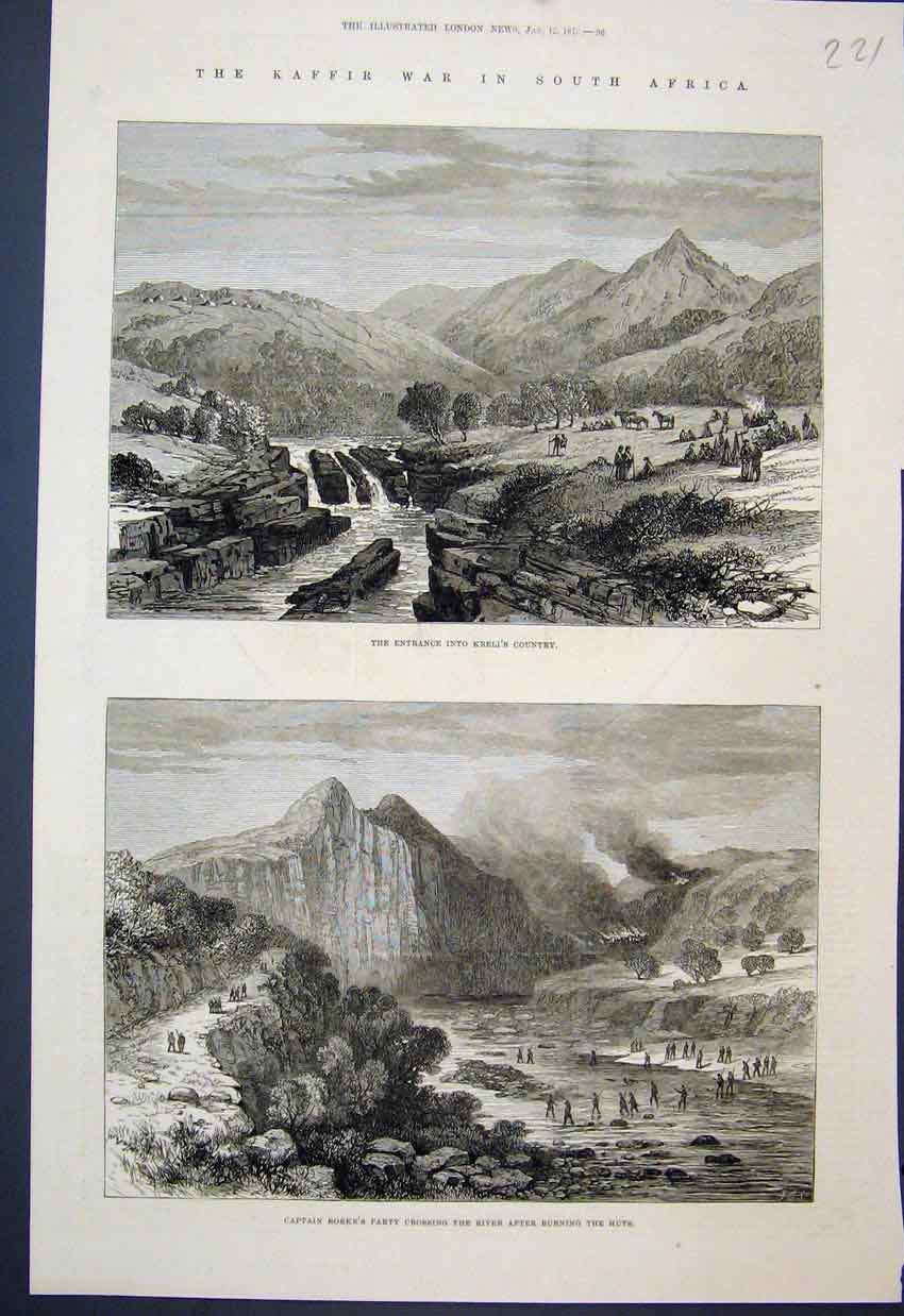 Original Old Antique Print 1878 Kaffir War Krelis Country Captain Rorke 19th