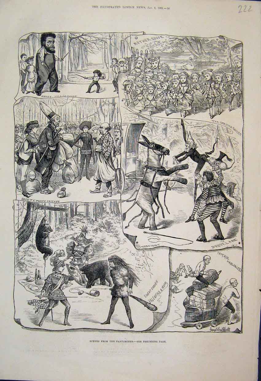 Original Old Antique Print 1881 Pantomine Scenes Comic Preformances Donkey 19th