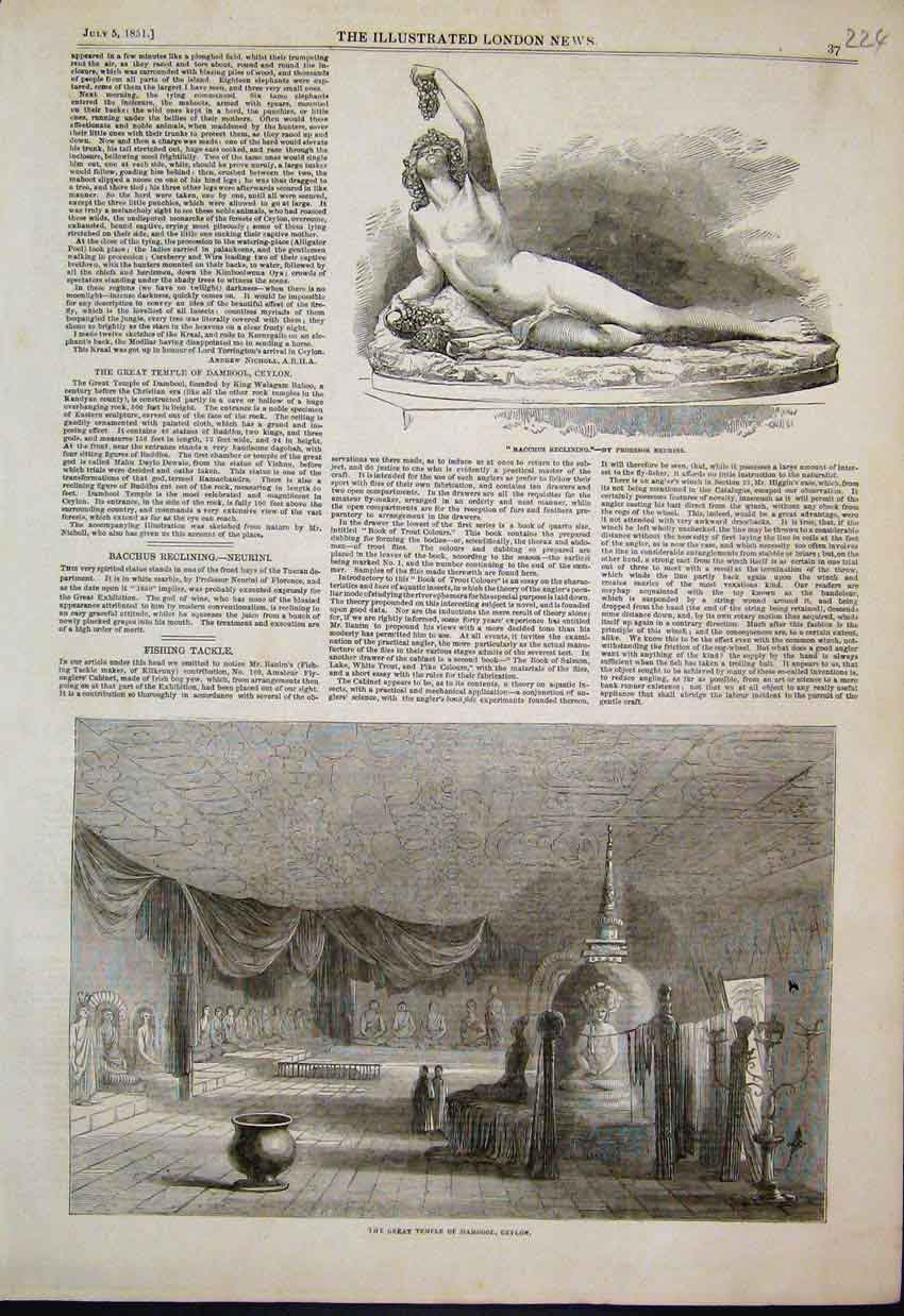Original Old Antique Print 1851 Temple Damrool Ceylon Bacchus Reclining Statue