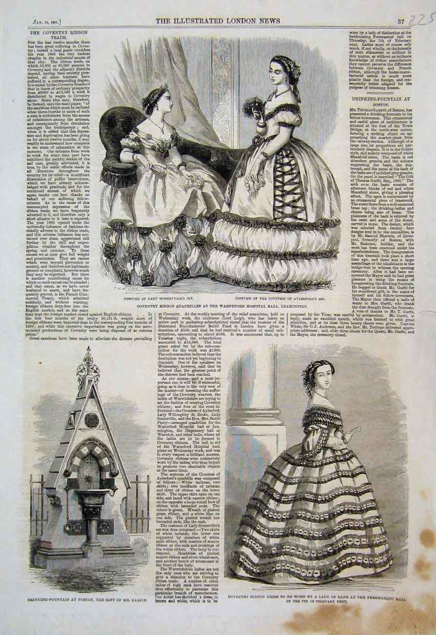 Original Old Antique Print 1861 Coventry Ribbon Quadrilles Dresses Ball 19th