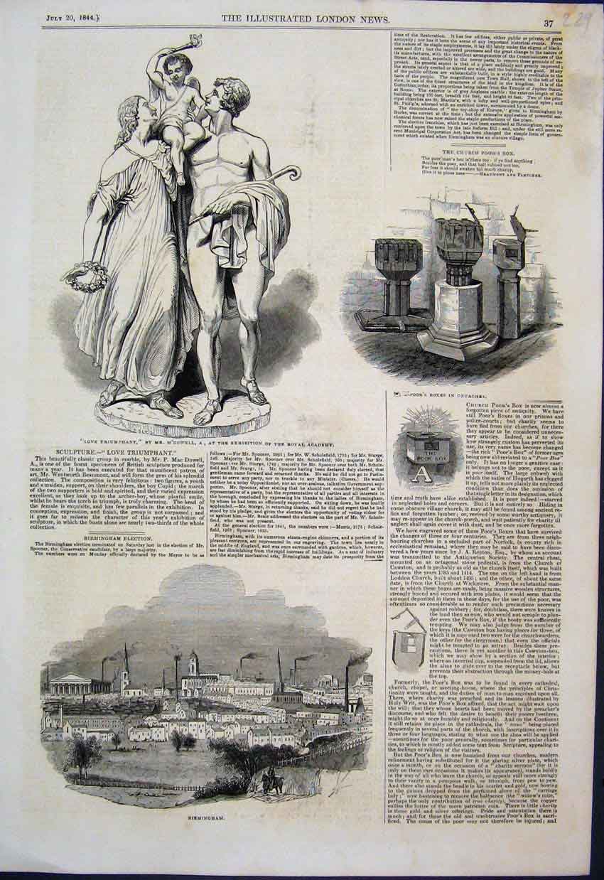 Original Old Antique Print 1844 Sculpture Love Triumphant Birmingham Victorian