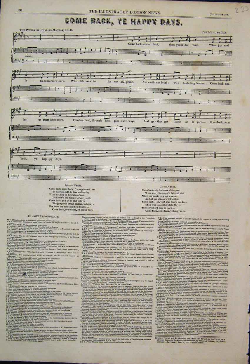 Original Old Antique Print 1851 Come Back Ye Happy Days Music Score Sheet 19th