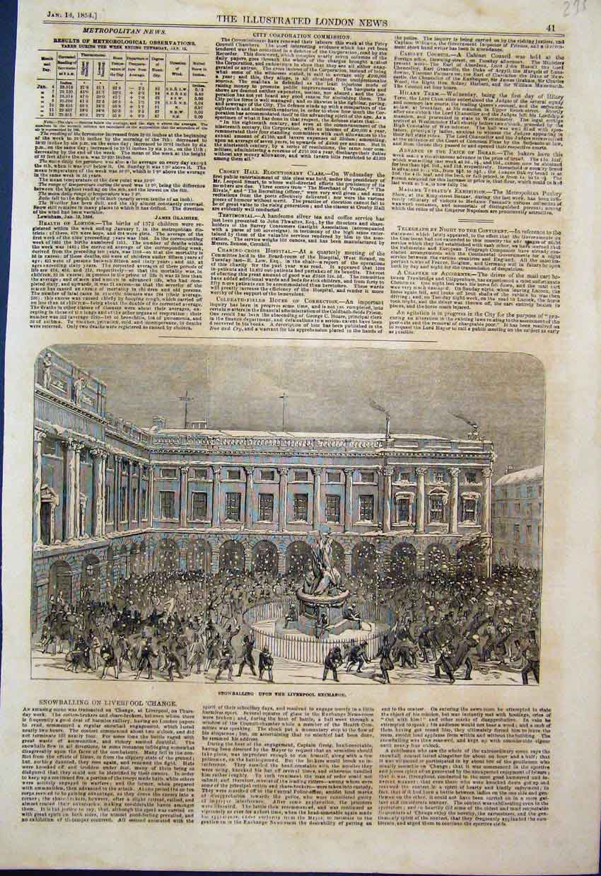 Original Old Antique Print 1854 Snowballing Liverpool Exchange Fun In Snow 19th
