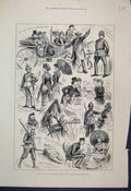 Original Old Antique Print 1883 Sketches Wimbledon Camp National Rifle Scenes