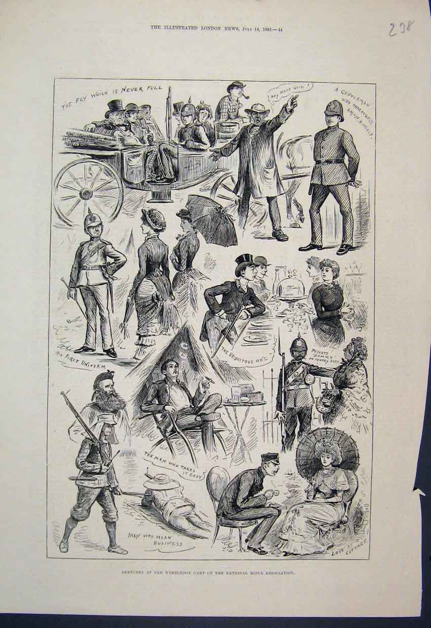 Original Old Antique Print 1883 Sketches Wimbledon Camp National Rifle Scenes