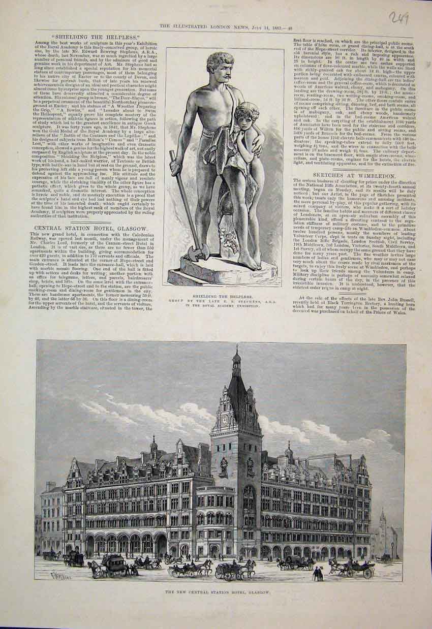 Original Old Antique Print 1883 Shielding The Helpless Satute Hotel Glasgow 19th