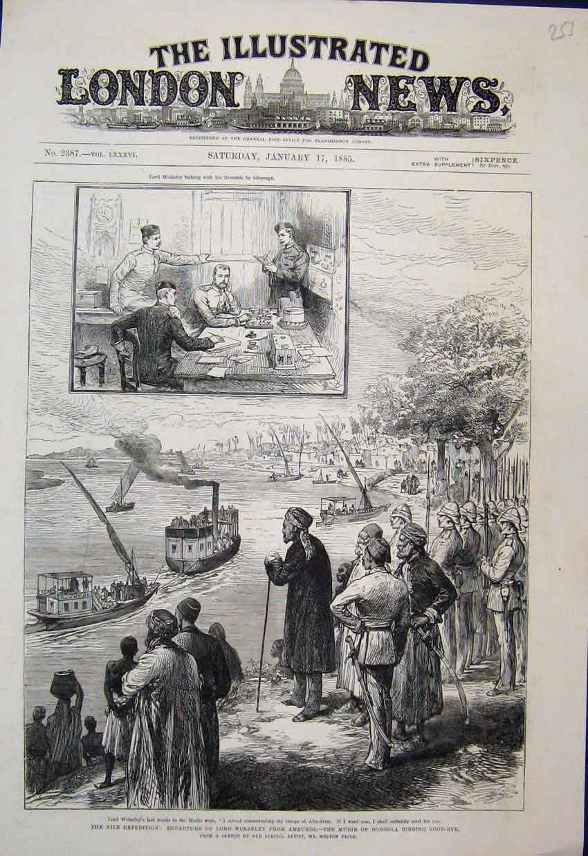 Original Old Antique Print 1885 Nile Expedition Lord Wolseley Leaving Ambukol