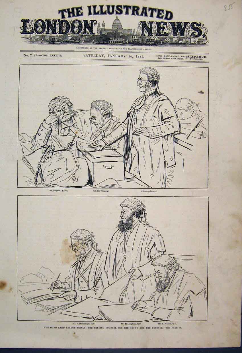 Original Old Antique Print 1881 Irish Land Trials Leading Counsel Crown Defence