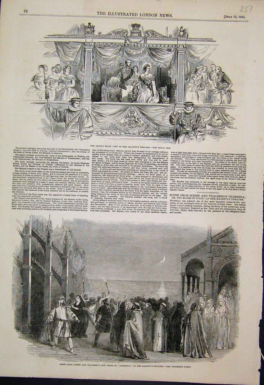 Original Old Antique Print 1851 Majestys Theatre Royal Box Florinda Opera 19th