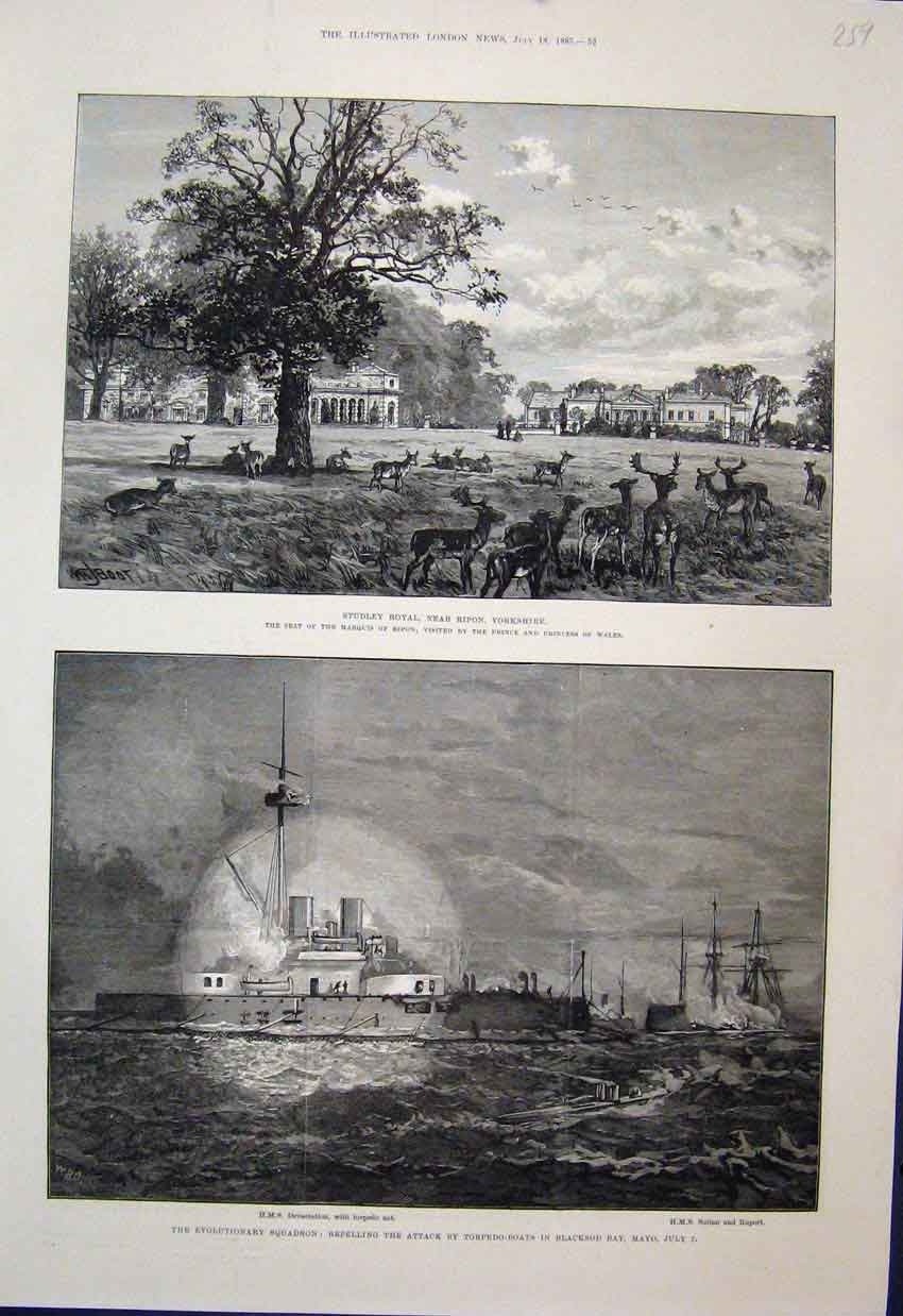Old Antique Print 1885 Studley Royal Ripon Yorkshire Stags Ship Squadron 19th