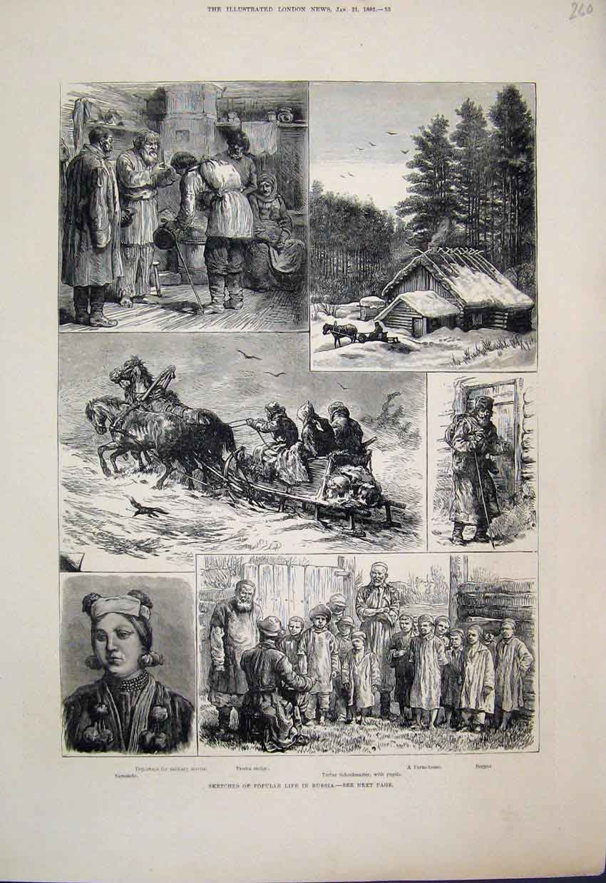 Old Antique Print 1882 Sketches Popular Life Russia Troika Horses Sledge 19th