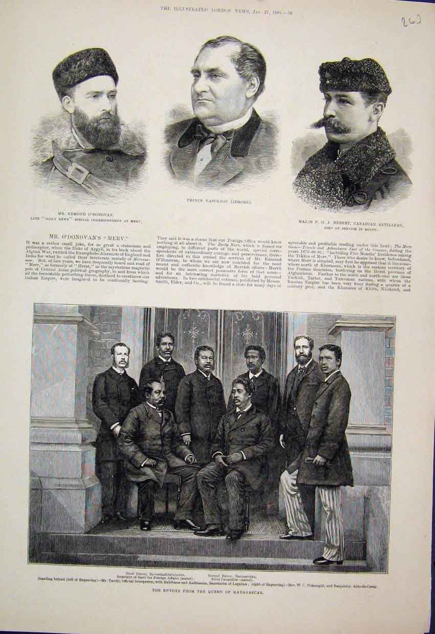 Original Old Antique Print 1883 Madagascar Envoys Prince Napoleon Merv O'Donovan