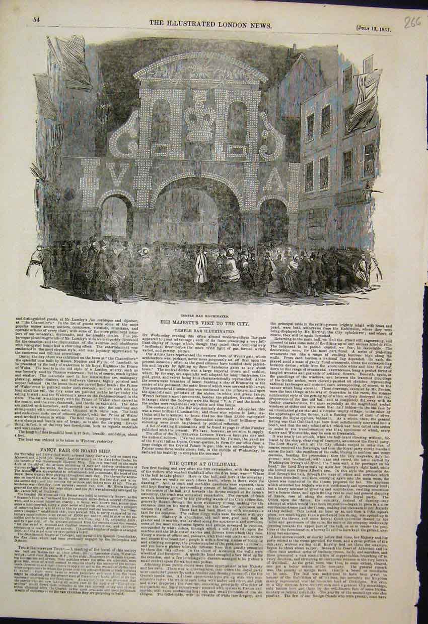 Original Old Antique Print 1851 Temple Bar Gateway Illuminations London 19th