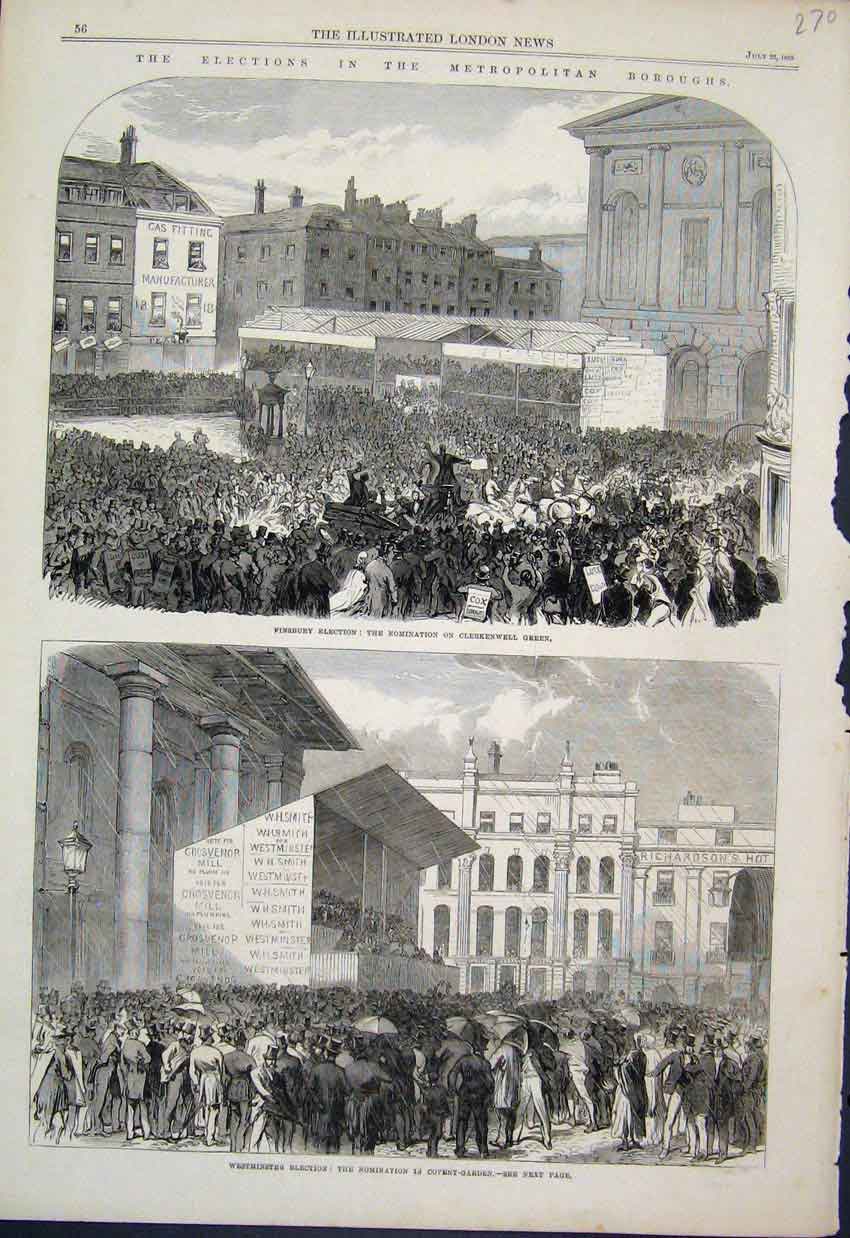 Original Old Antique Print 1865 Finsbury Election Clerkwell Green Covent Garden