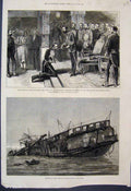 Old Antique Print 1876 Sketch Knighting Ceylon Governor Warspite Low Tide 19th