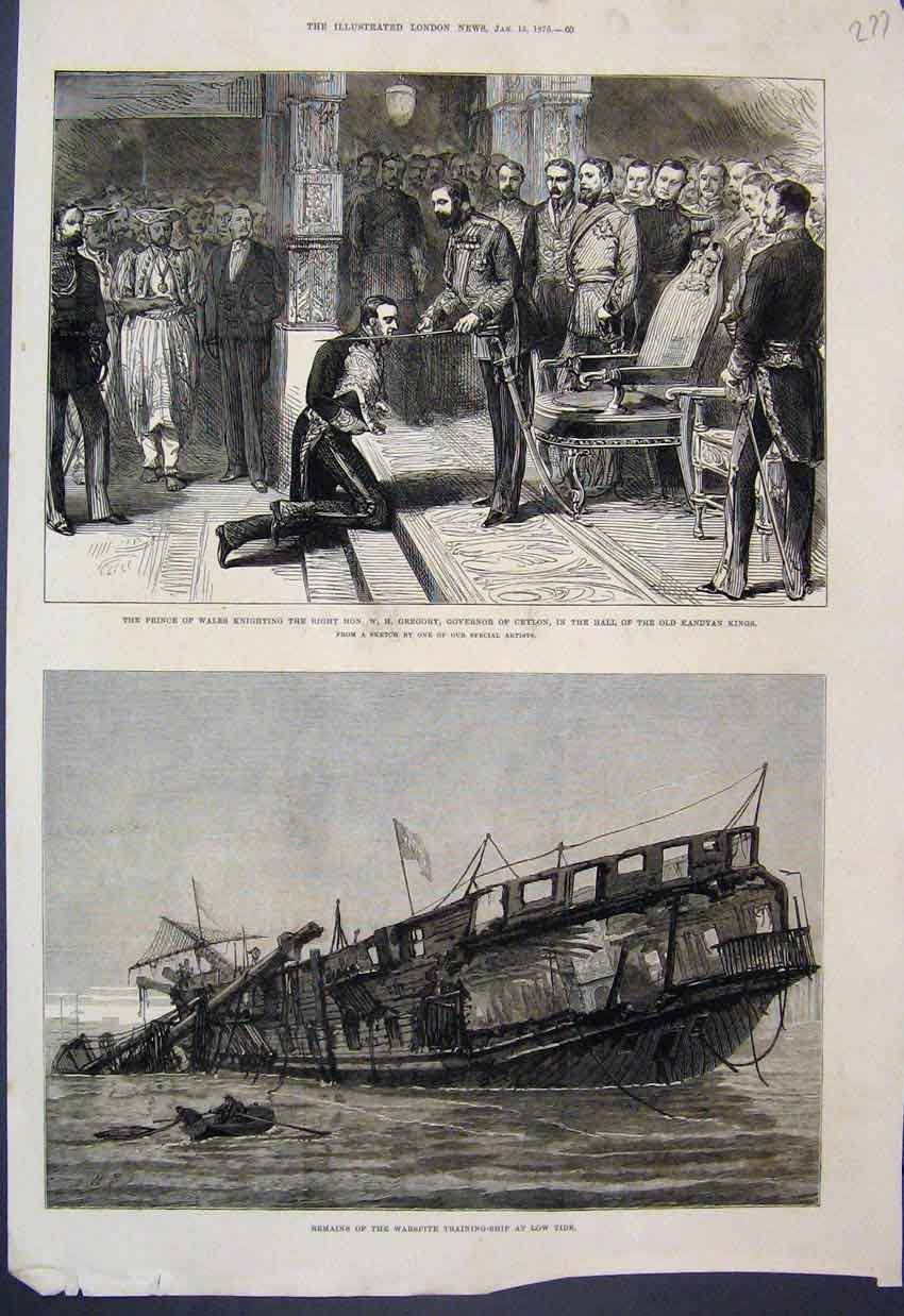 Old Antique Print 1876 Sketch Knighting Ceylon Governor Warspite Low Tide 19th