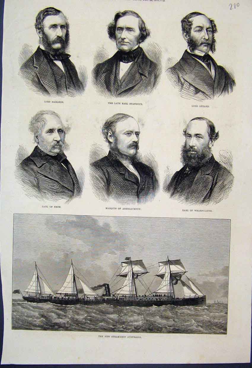 Original Old Antique Print 1876 Steam Ship Australia Portraits New Peers 19th