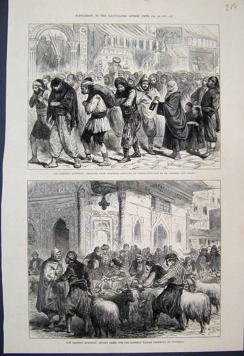 Original Old Antique Print 1877 Buying Sheep Koorban Bairam Ceremony Stamboul
