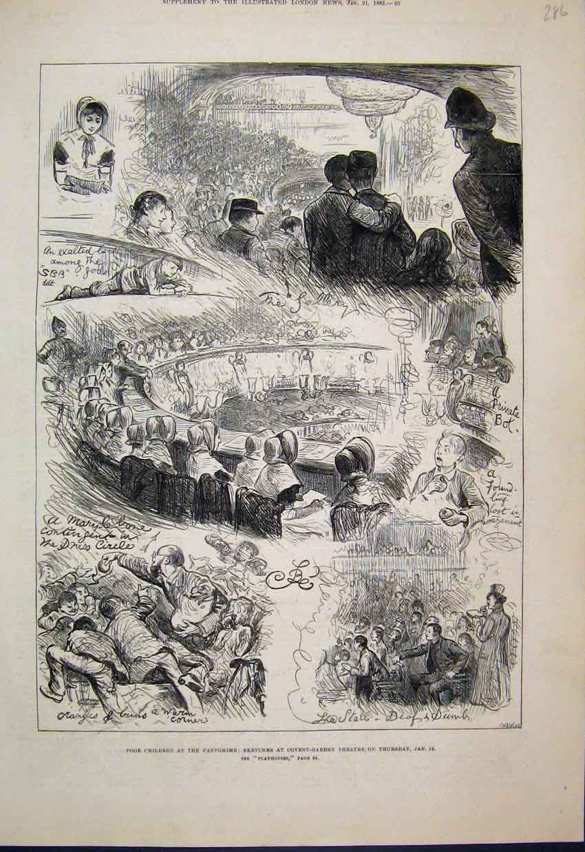 Original Old Antique Print 1882 Poor Childrens Pantomine Covent Garden Theatre