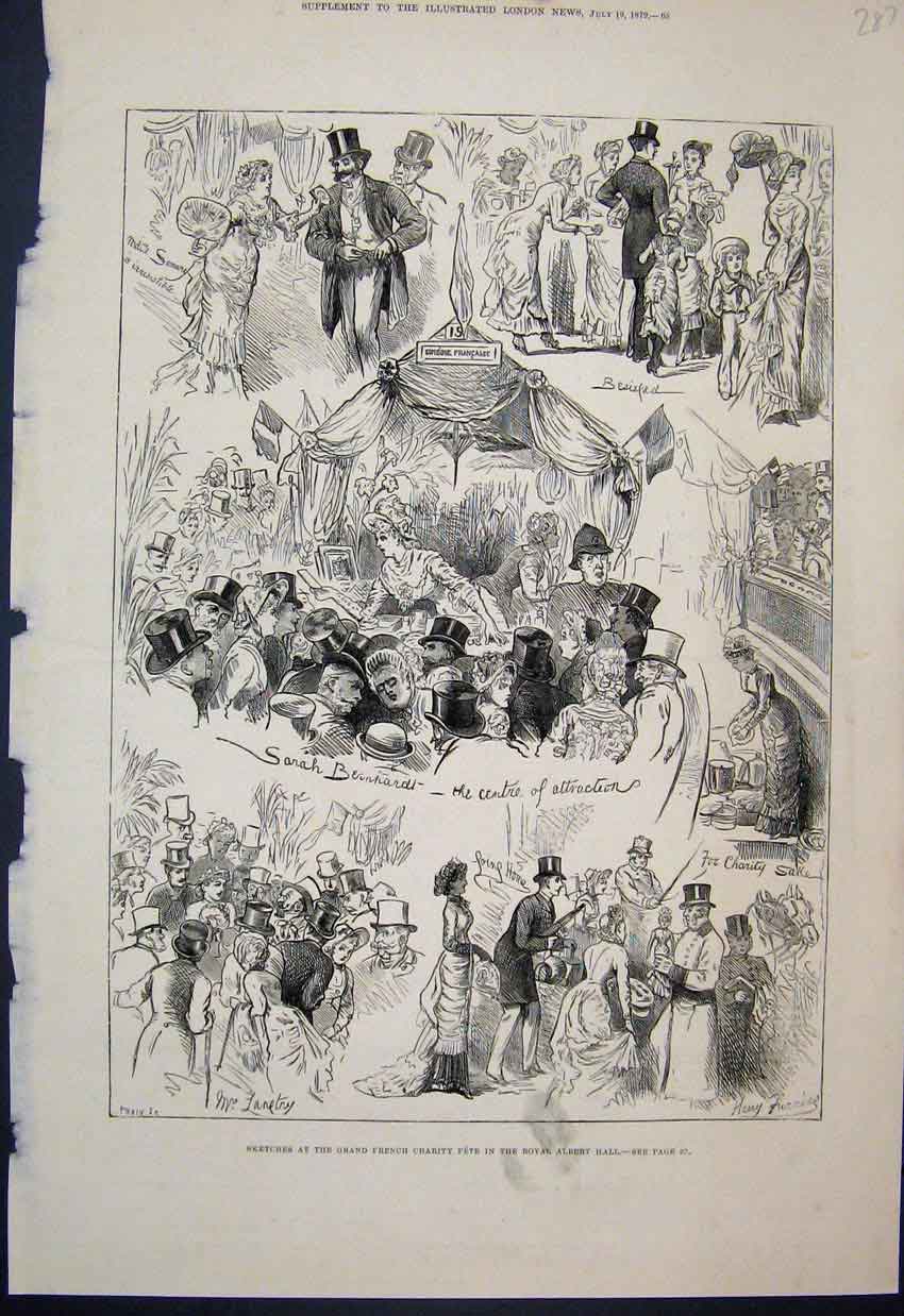 Original Old Antique Print 1879 Sketches Grand French Charity Fete Royal Albert