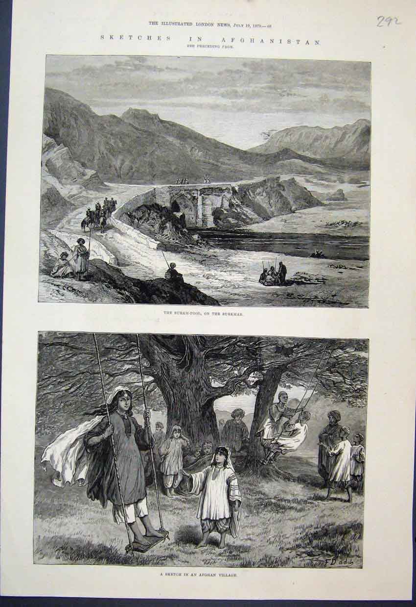 Original Old Antique Print 1879 Surkh Poolsurkhab Children Swing Afghan Village