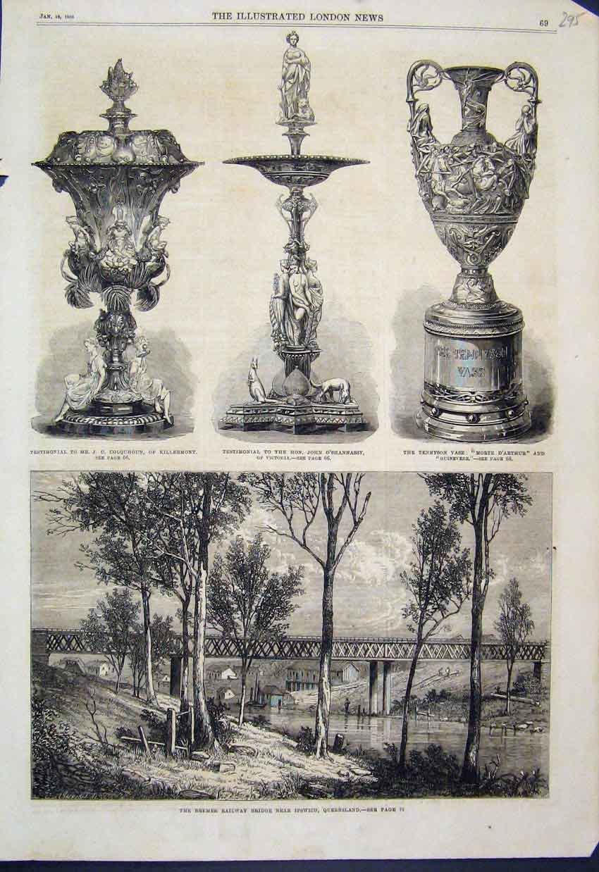 Original Old Antique Print 1868 Testimonials Tennyson Vase Bremer Railway 19th