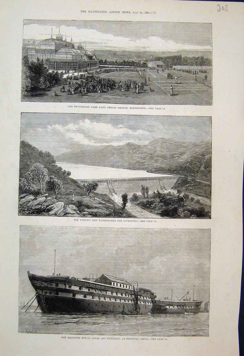 Original Old Antique Print 1881 Smallpox Hospital Ships Deptford Liverpool Dam