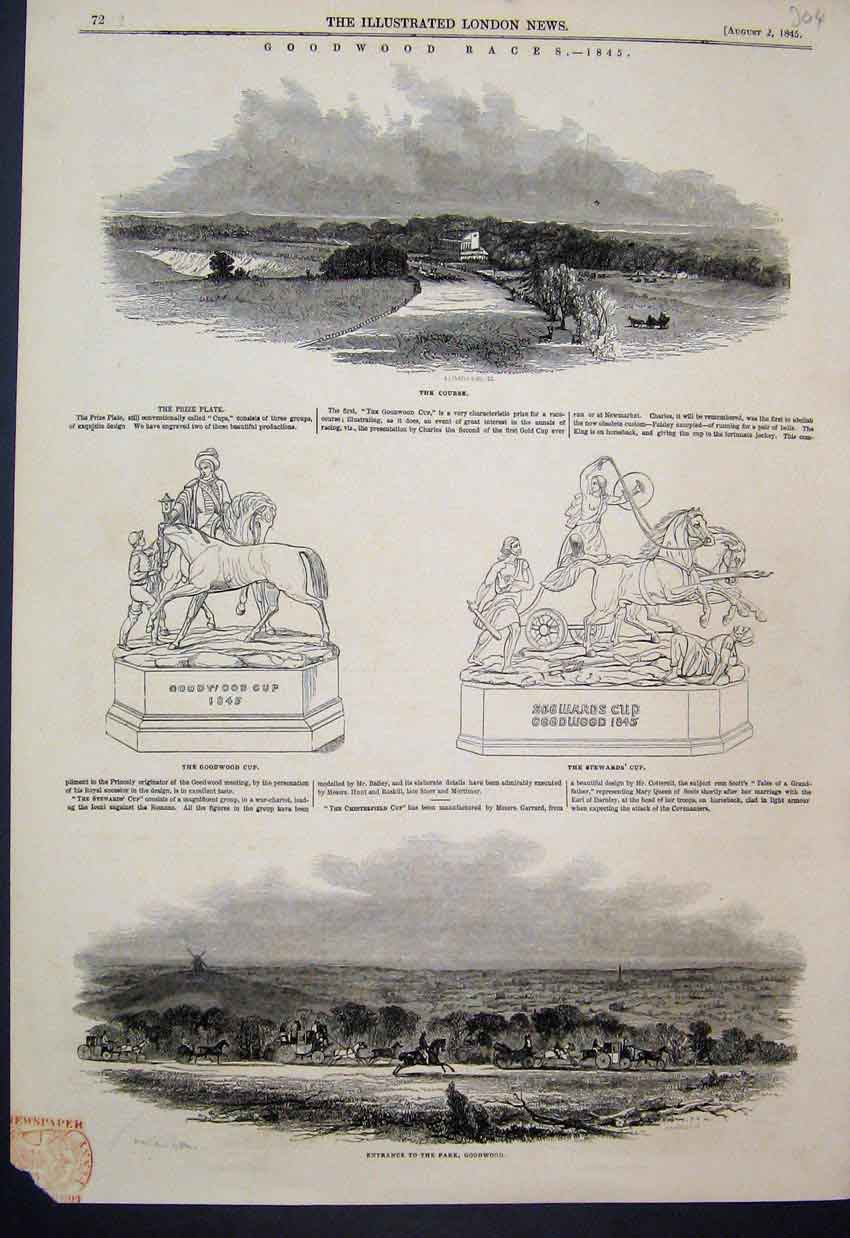 Original Old Antique Print 1845 Goodwood Races Course Cups Entrance Park 19th