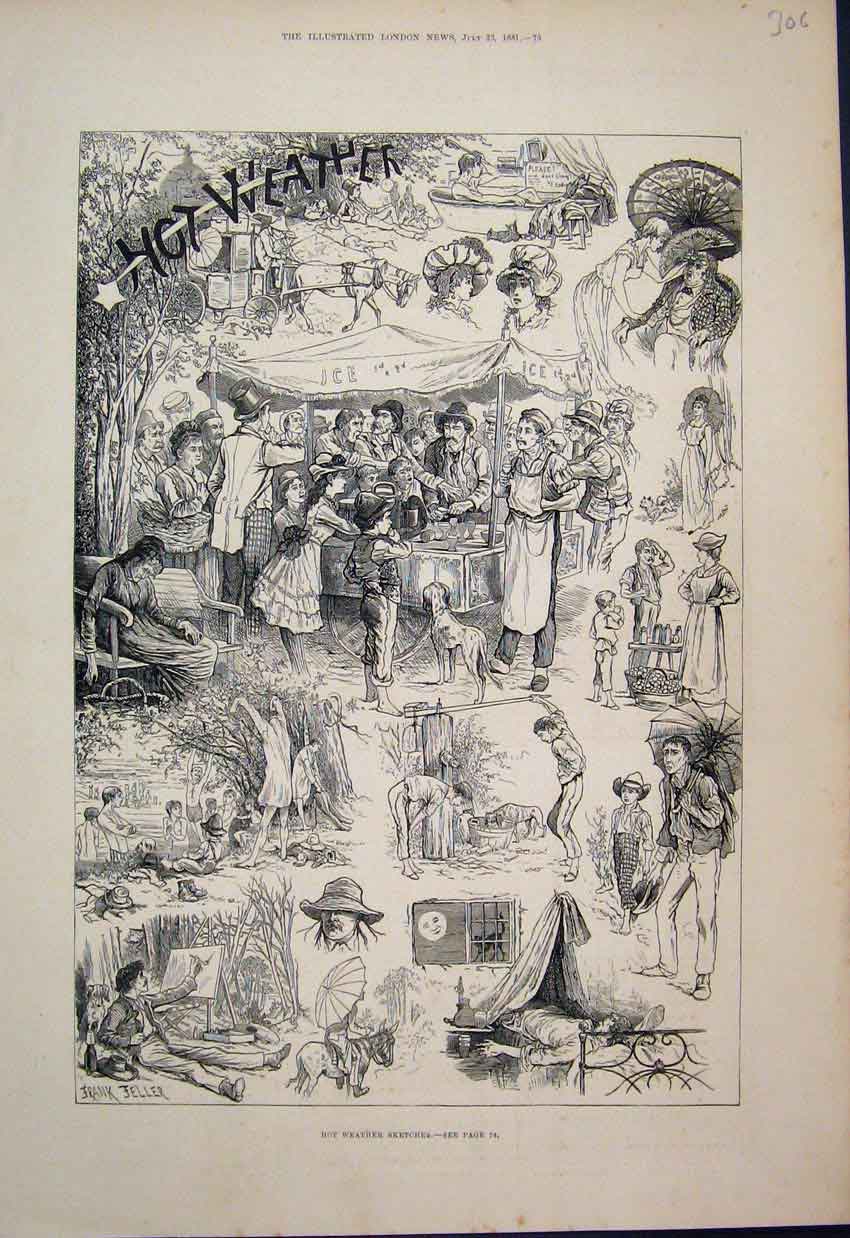Old Antique Print 1881 Things To Do In Hot Weather Various Scenes Sketchs 19th