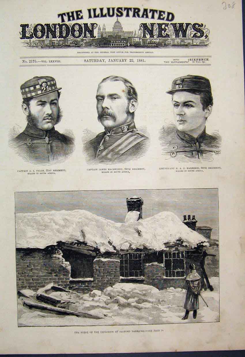 Original Old Antique Print 1881 Explosions Salford Barracks 94Th Regiment Deaths