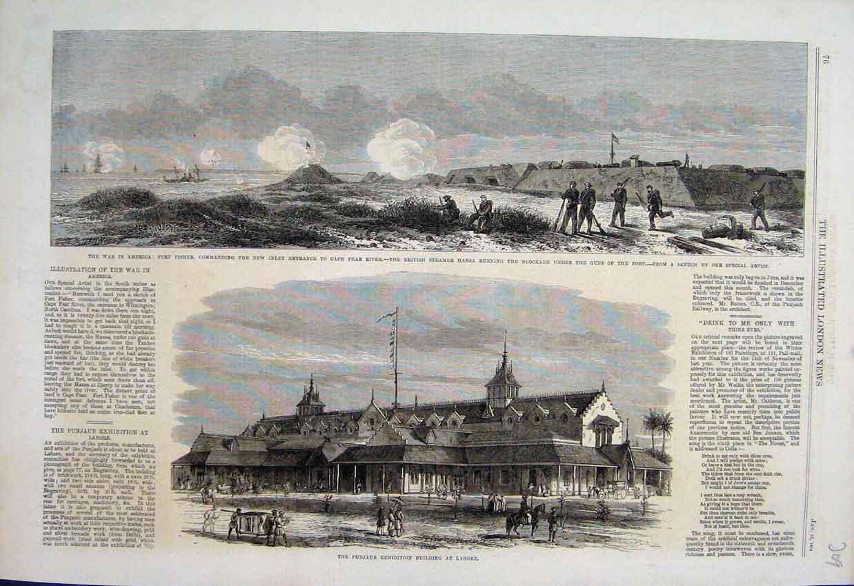Original Old Antique Print 1864 Cape Fear River Fort Fisher Hansa Attacking Fort