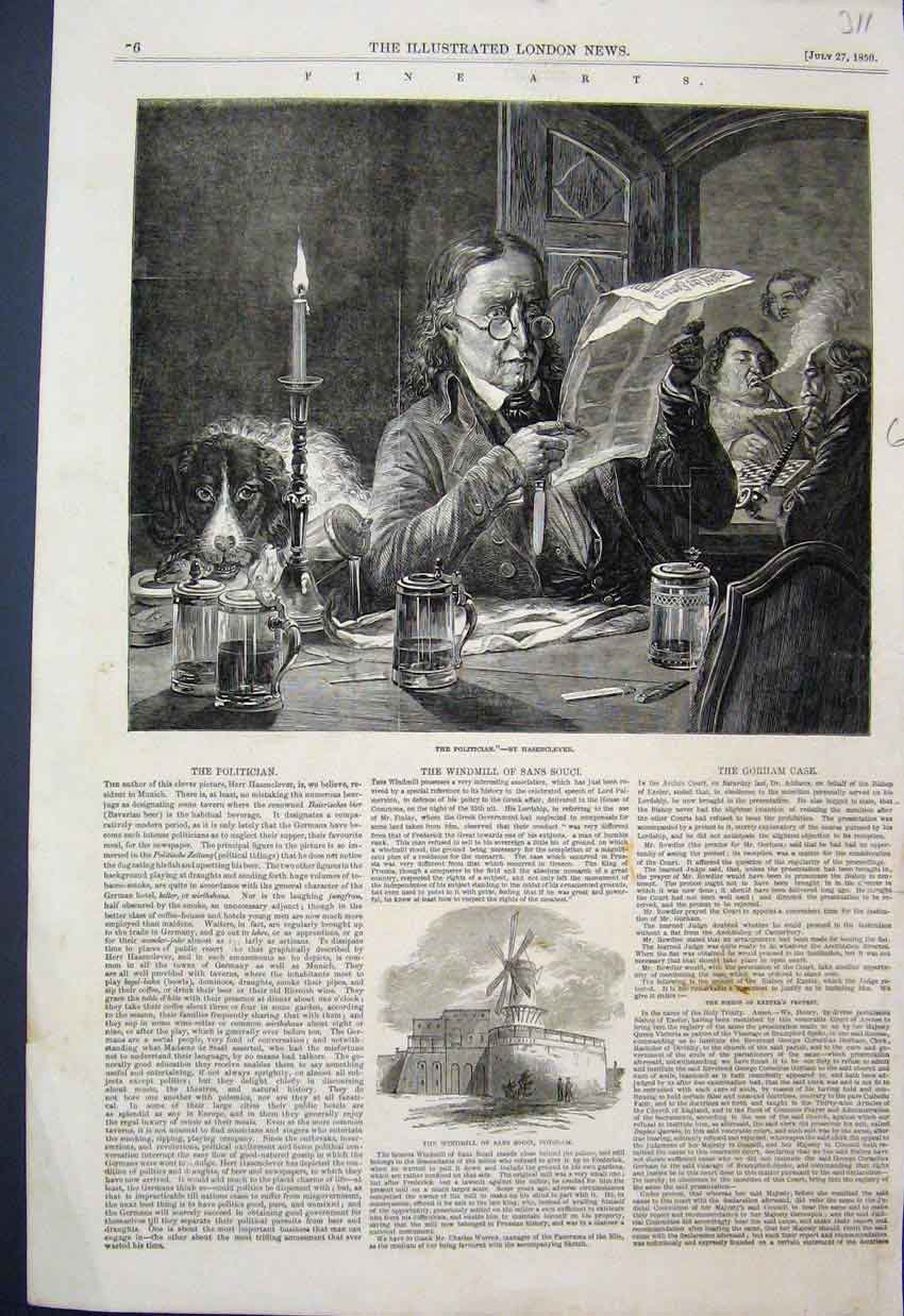 Original Old Antique Print 1850 The Politician Hasenclever Dog Tavern Beer 19th