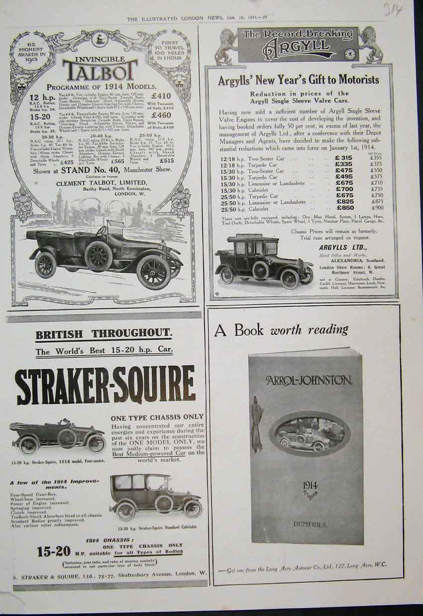 Old Antique Print 1914 Car Argyll Invincible Talbot Straker Squire Advert 20th