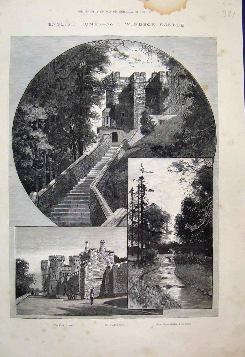 Old Antique Print 1885 English Homes Windsor Castle Hundred Steps Garden 19th