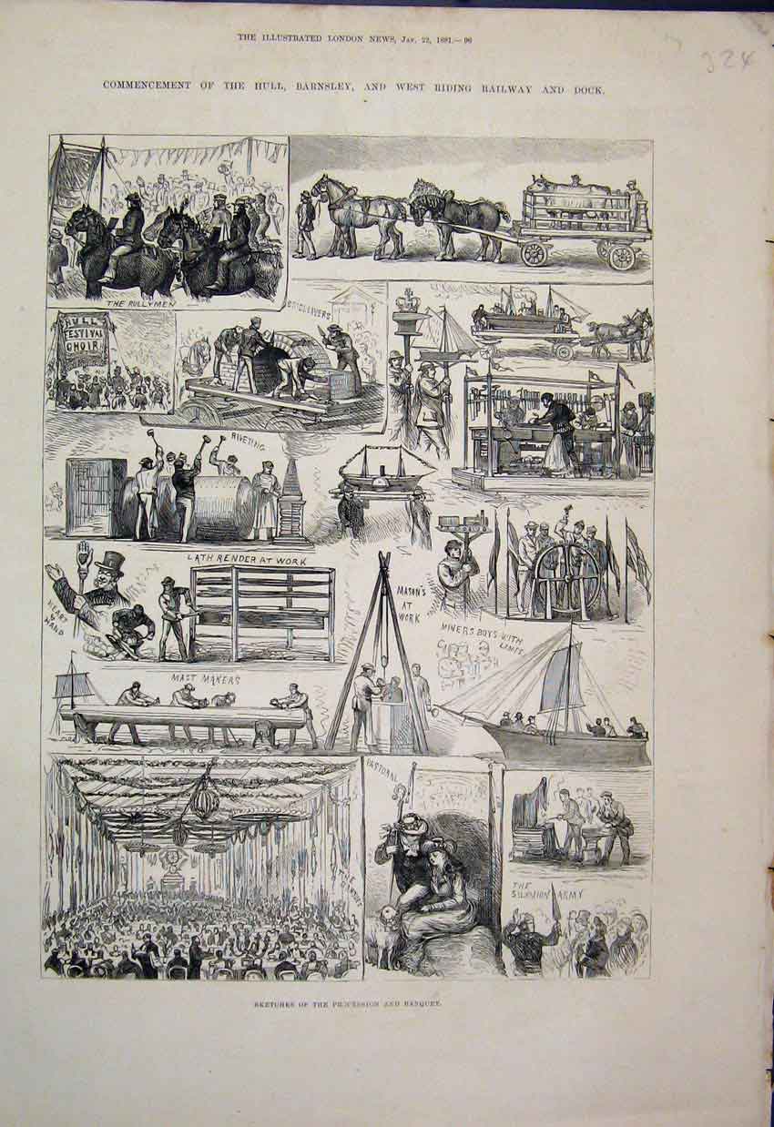 Original Old Antique Print 1881 Hull Railway Lath Render Rullymen Mason Banquet